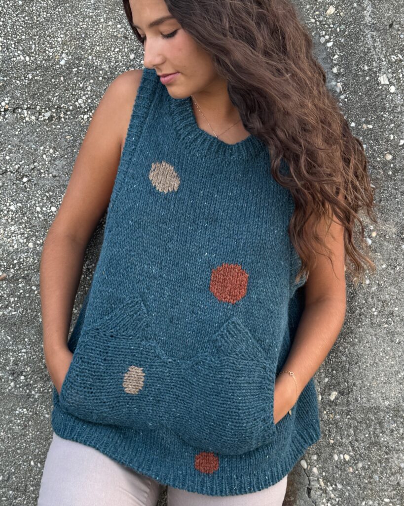 Polka Dot chunky Vest by GalinaCarrollDesigns, hand knitted with signature pockets